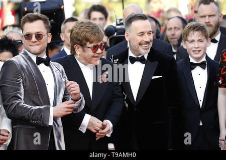 Taron Egerton, Elton John, James Furnish and Kit Connor attending the 'Rocketman' premiere during the 72nd Cannes Film Festival at the Palais des Festivals on May 16, 2019 in Cannes, France | usage worldwide Stock Photo