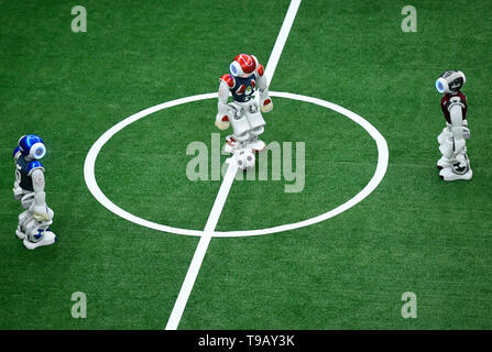 Beijing, China. 17th May, 2019. Robots play football during a match at the 2019 RoboCup Asia-Pacific Invitational Tournament in Tianjin, north China, May 17, 2019. Credit: Yue Yuewei/Xinhua/Alamy Live News Stock Photo