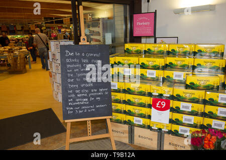 Windermere, Cumbria, UK. 18th May 2019. Booths supermarket Windermere village .A cash machine has been damged by explosives The manager of Booths in Windermere said he believed thieves used explosives to free the ATM from its fitting. Cumbria Police said the machine was taken at about 01:30 BST.Section of supermarket that backed the cash machine is still closed.Credit .Gordon Shoosmith Alamy News Live Credit: Gordon Shoosmith/Alamy Live News Stock Photo