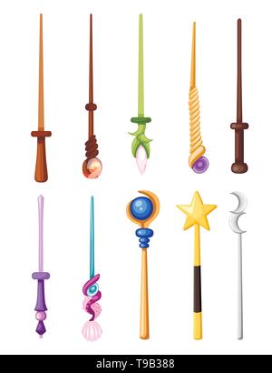 Magic wand set. Fantasy staff collection. Magical equipment for games or cartoons. Flat vector illustration isolated on white background. Stock Vector