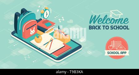 Back to school educational app and online shopping for school items: educational material on a touch screen smartphone Stock Vector