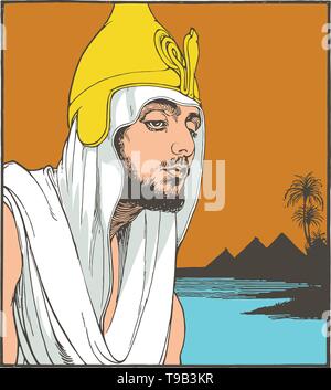 Young Moses near nile and pyramids. Line art illustration, vector Stock Vector