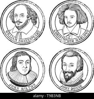 Portrait illustration stamp set in line art of William Shakespeare, John Milton, Christopher Marlowe and John Donne. Stock Vector