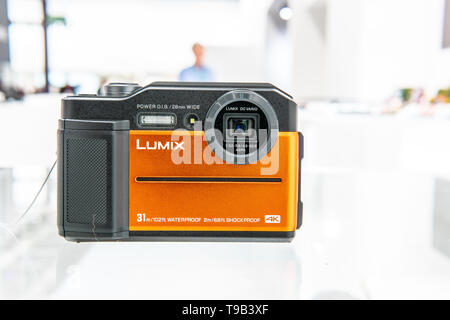 Panasonic Lumix DMC-FT7 4K WIFI Waterproof Shockproof Camera on display at Panasonic exhibition showroom, stand at Global Innovations Show IFA 2018 Stock Photo