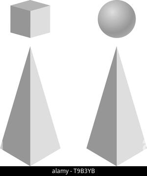 Cone / Pyramid with cube and sphere at top Stock Vector