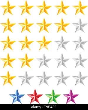 5 star rating with yellow, golden stars. For feedback, user satisfaction, evaluation, performance concepts. Blue, red, green and purple stars Stock Vector