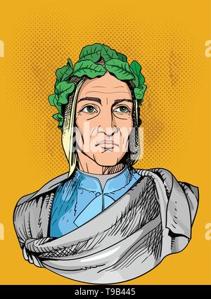 Durante Degli Alighieri, was an Italian poet during the Late Middle Ages. Line art portrait. Vector Stock Vector
