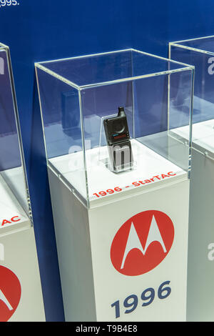 Motorola StarTac from 1996 wearable cellular phone at Motorola exhibition pavilion showroom, stand at Global Innovations Show IFA 2018 Stock Photo