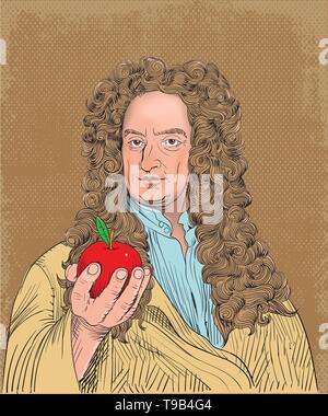 Isaac Newton portrait in line art illustration. Vector Stock