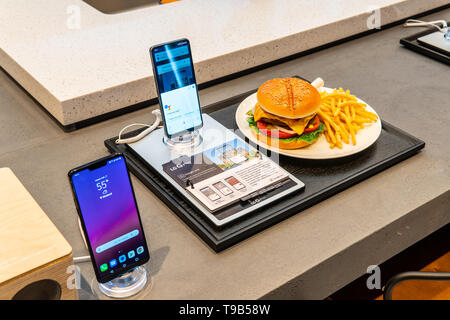 LG smartphone on display from 2018, with Android at LG exhibition pavilion showroom, stand at Global Innovations Show IFA 2018 Stock Photo