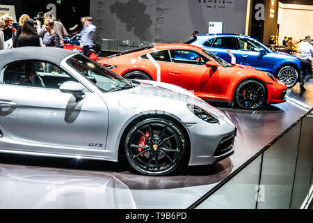 Brussels, Belgium, Jan 17, 2019: metallic silver Porsche 718 Boxster GTS at Brussels Motor Show, sports cabrio car built by Porsche Stock Photo