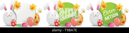 Oster Angebot, Oster Aktion Easter Action Offer Buttons Set with Easter bunny and painted Easter eggs isolated vector design Stock Vector