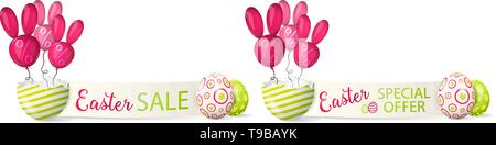 Easter sale special offer banner with colored easter eggs and bunny balloons Stock Vector