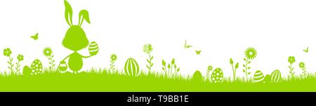Happy easter silhouette green with easter bunny and easter eggs on meadow Stock Vector