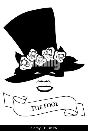 Tarot Card Concept. The Fool. Joker. Hat with flower and banner text. Isolated on white background Stock Vector