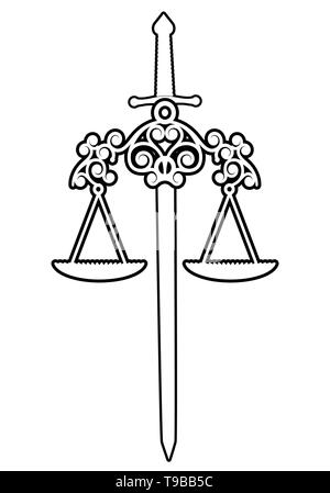 Symbols of Justice. Scale and sword isolated on white background Stock Vector