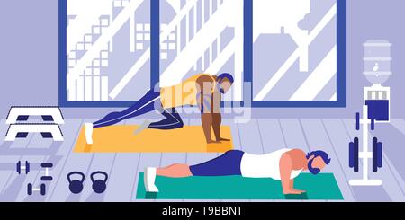 young athletic men doing chest push ups in gym vector illustration design Stock Vector