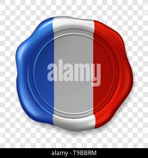 French national flag. Glossy wax seal. Sealing wax old realistic stamp label on transparent background. Top view. Label. Vector illustration Stock Vector