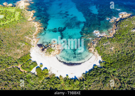 View from above, stunning aerial view of the Prince Beach (Spiaggia del Principe) bathed by a beautiful turquoise sea. Costa Smeralda (Emerald Coast)  Stock Photo