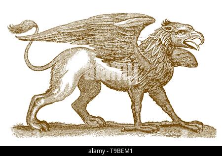 Mythical legendary hybrid creature griffin with the front of an eagle spreading its wings and the rear of a lion Stock Vector