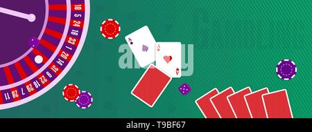 Vector illustration or cover for a site about gambling. Chips, roulette wheel, cards, dices on the background of the table with green cloth Stock Vector