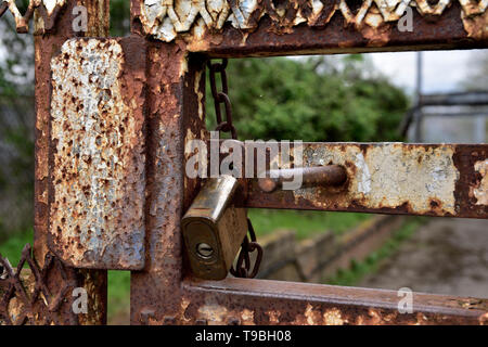 Padlock on rusty outdoor steel security gate with sliding bolt Stock Photo