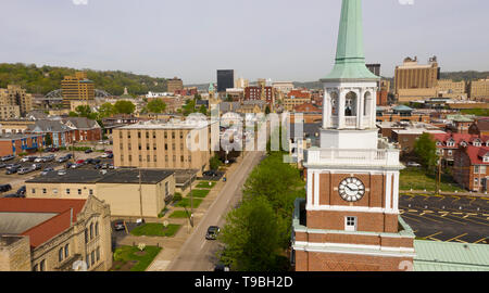 Aerial Elevating Up Over Church Clock tower and Charleston West Virginia Stock Photo