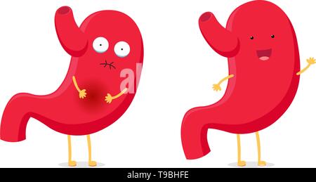 Sad sick unhealthy and funny healthy strong happy smiling cute stomach character. Vector organ digestive system set. Funny illustration EPS10 Stock Vector