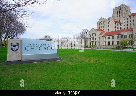 CHICAGO, IL -22 APR 2019- View of the Gothic campus of the University of Chicago, located in the Hyde Park neighborhood of Chicago, Illinois. Stock Photo