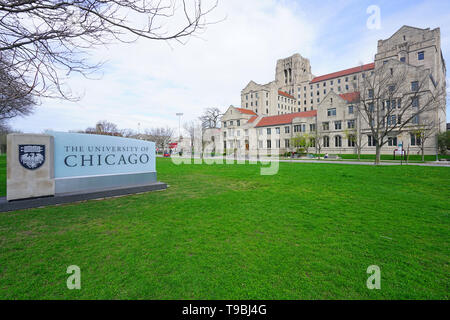 CHICAGO, IL -22 APR 2019- View of the Gothic campus of the University of Chicago, located in the Hyde Park neighborhood of Chicago, Illinois. Stock Photo