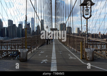 View on pedestrian path and tower of Brooklyn Bridge, New York City Stock Photo