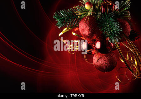 Christmas background with red baubles, ribbons and lights Stock Photo