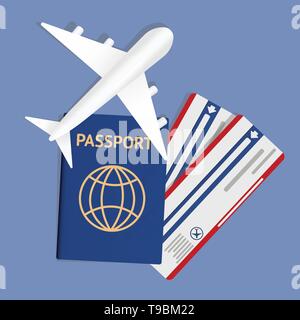 Air travel banner with passport - vacation concept design. Banner with airplane and vacation tickets. Vector illustration. Banner with two boarding Stock Vector