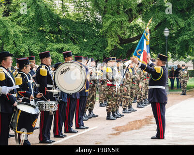 STRASBOURG, FRANCE - MAY 8, 2017: Military orchestra with male conductor at ceremony to mark Western allies World War Two victory Armistice in Europe marking the 72nd anniversary of victory Stock Photo