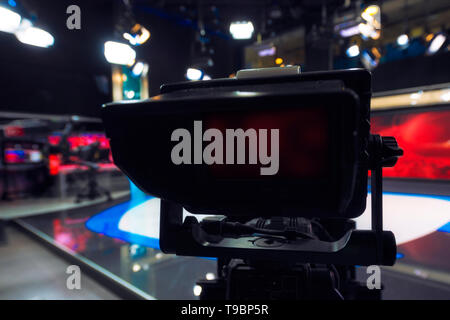 Close-up View of Broadcast Camera inside TV Studio Stock Photo