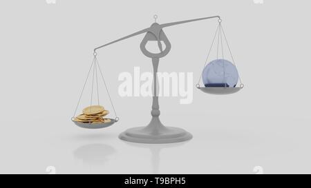 Money outweighing the Earth on scales Stock Photo