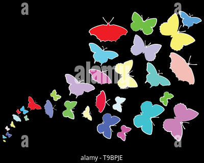 Colored bright butterflies on black background illustration. Stock Photo