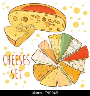 Cheese collection. Bright vector illustration with cheeses. Set for design. eps 10 Stock Vector