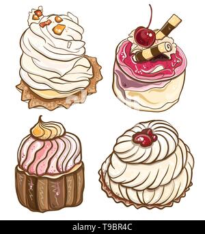 Vector illustation of delicious cakes with cream and berries. Set with cupcakes for design. eps 10 Stock Vector