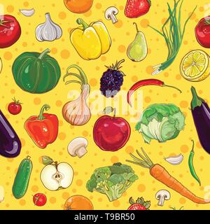 Vector background with bright colorful vegetables and fruits. Seamless pattern. eps 10 Stock Vector