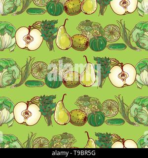 Set of green fruits and vegetables on light green seamless vector pattern. Seamless background. Bright template for design. eps 10 Stock Vector