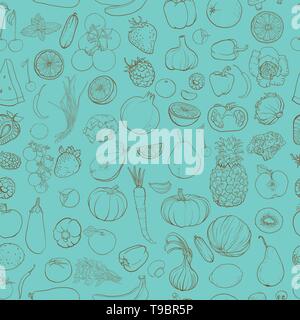 Seamless vector pattern with contour drawing of vegetables, fruit, berries. Background with food ingredients. eps 10 Stock Vector