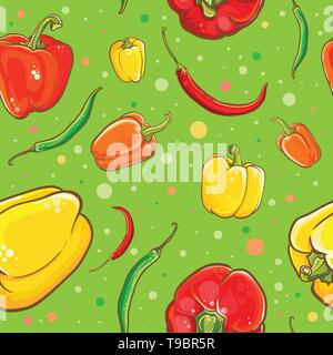 Colorful vector seamless pattern with bright fresh peppers. Vector illustration of peppers, chili peppers, cayenne and spice. Eps 10 Stock Vector