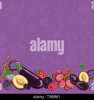 Set of purple and pink fruits and vegetables on light purple seamless vector pattern. Seamless background. Bright template for design. eps 10 Stock Vector