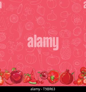 Bright template for design. Set of red fruits and vegetables on light red seamless vector pattern. Seamless background. eps 10 Stock Vector