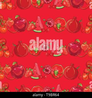 Bright template for design. Set of red fruits and vegetables on light red seamless vector pattern. Seamless background. eps 10 Stock Vector