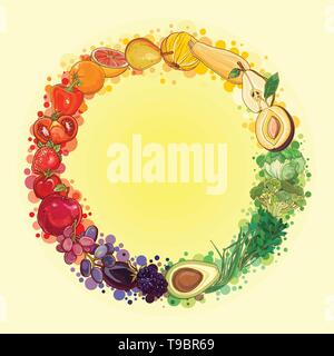 Round composition with bright, fresh, juicy fruits and vegetables. Vector color vegetables icon.  Healthy lifestyle illustration for print, web. Food  Stock Vector