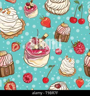 Seamless background with cakes and berries. Vector pattern. eps 10 Stock Vector