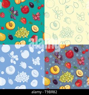 Set of seamless fruit and berry pattern with apple, grape, plum, strawberry, apricot, peach, pear, cherry, pomegranate, blackberry. Silhouette, painte Stock Vector