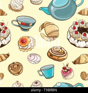 Seamless pattern "Tea time". Vector colorful background with pastries, sweets, tea, cup, cakes, marshmallows. eps 10 Stock Vector